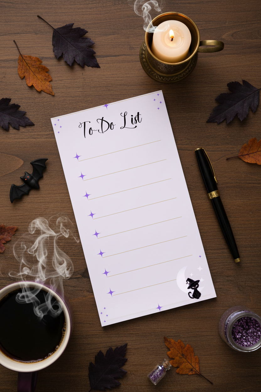A decorative printable To-Do list template with the words 'To-Do List' in black script at the top, multiple horizontal lines with purple star icons on the left, a small black cat wearing a witch hat under a crescent moon in the bottom right, and a pale lavender background with subtle purple corner accents.